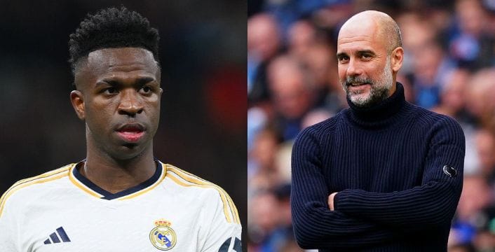 Vinicius Junior (L) and Pep Guardiola (R)