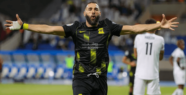 Karim Benzema celebrates after scoring for Al-Ittihad