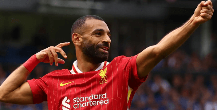 Mo Salah celebrating a goal after scoring for Liverpool