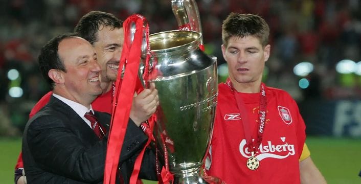 Rafa Benitez and Steven Gerrard after Liverpool's UEFA Champions League win