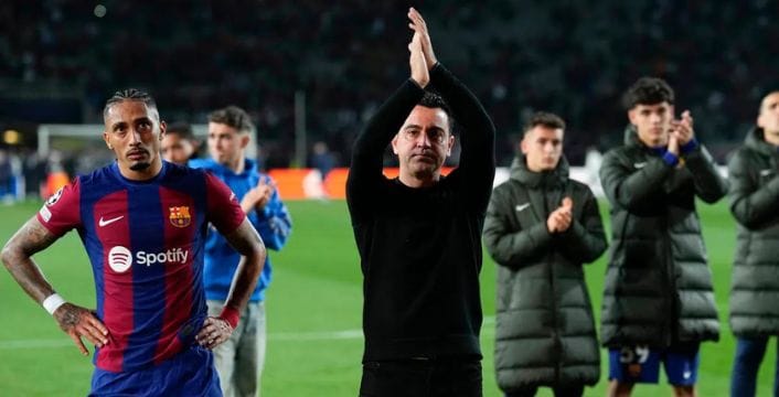 Raphina and Xavi after Barcelona's exit to PSG in the 23/24 Champions League