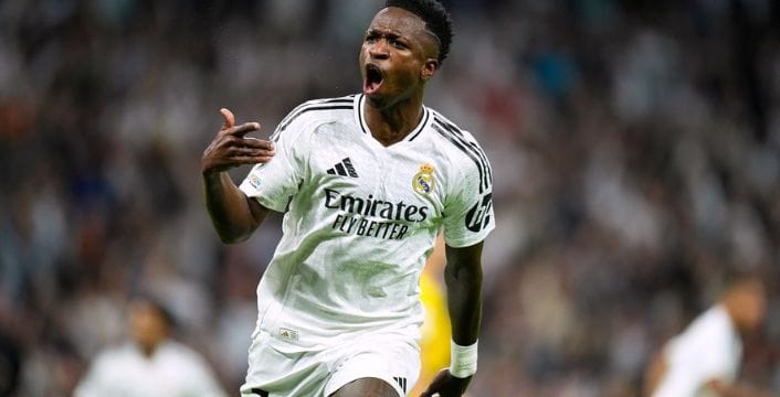 Vinicius Jr. sponsored by Nike celebrates a goal against Borussia Dortmund in the UEFA Champions League