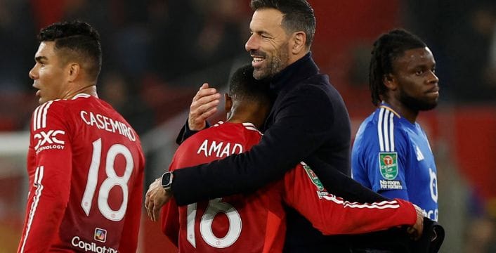 Manchester United interim boss Ruud van Nistelrooy with Amad Diallo and Casemiro at Old Trafford